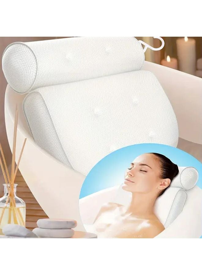 White Bathtub Pillow with Neck and Back Support Drying Hook 6 Suction Cups Machine Washable - Image 1